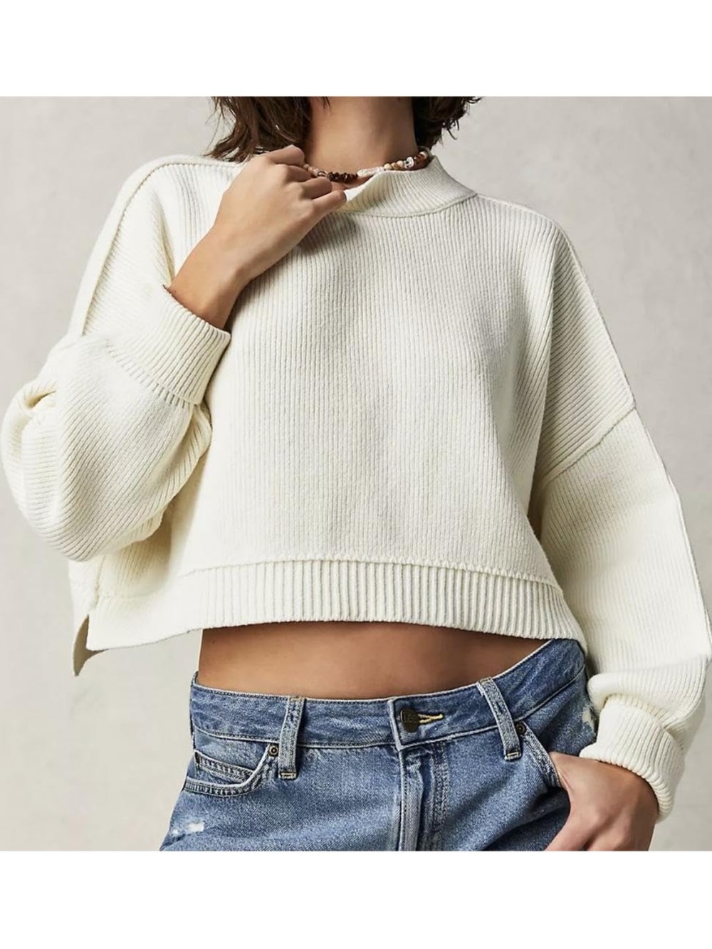 Free People Cream Cropped Ribbed Pullover